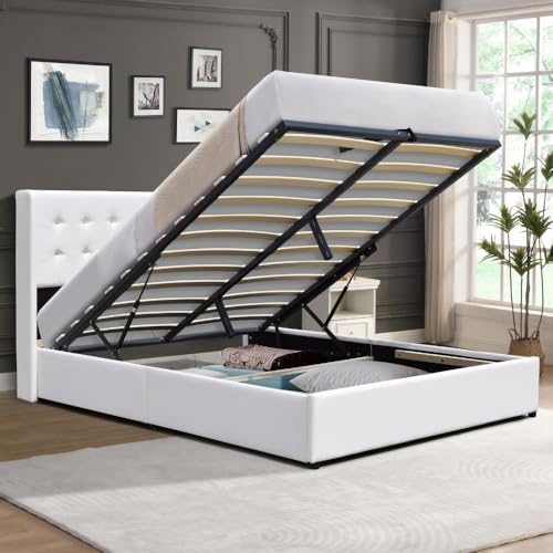 King of Dreams Lit Coffre dehoussable Gris 140x190 cm avec tête de lit capitonnée - 12 Lattes - Trixie - Montage Facile - Revêtement PVC Simili Facile...
