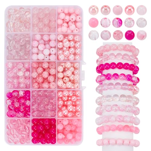 PH PandaHall 450pcs 8mm Pink Glass Beads, 15 Styles Crackle Beads Baking Painted Bead Acrylic Loose Beads Spacers for Boho Friendship Bracelets Necklaces Jewelry Making Wedding Breast Cancer