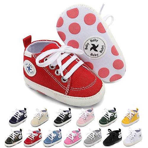 Baby Girls Boys Shoes Soft Anti-Slip Sole Newborn First Walkers Star High Top Canvas Denim Unisex Infant Sneaker (A01-Red, 12-18 Months)