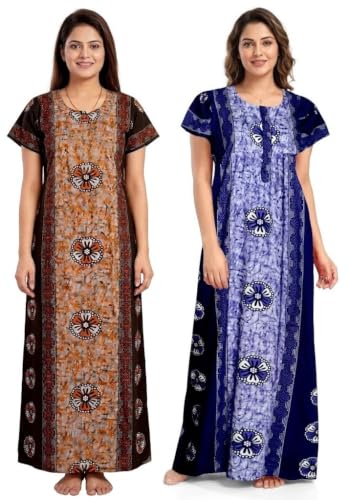 Image of Keyocean Women's Cotton Printed Maxi Nighty, Full Length Night Gown for Women, Comfortable Nightwear and Sleepwear, Free Size, Pack of 2