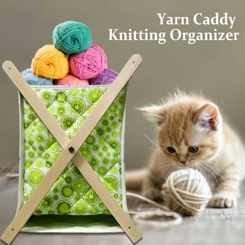 Image of Yarn and Needles Large Size Yarn Storage Organizer for Yarn Skeins,Crochet Organizer for Crochet Hooks Knitting Needles,100% Quilted Cotton with Fold-up Wooden Frame