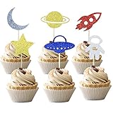 24 PCS Outer Space Cupcake Toppers Planet Rocket Moon Star Space Astronaut Cupcake Picks Space Theme...