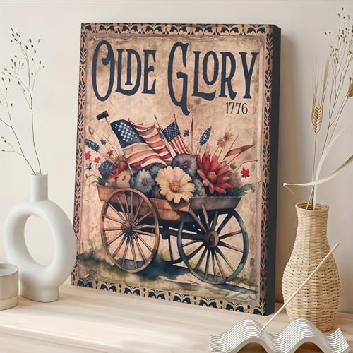 Image of Framed Olde Glory 1776 American Flag Wall Art, Patriotic Vintage Canvas Art Pictures, USA Flag Flower Wall Decor, Made in USA Ready to Hang for Living Room Entryway
