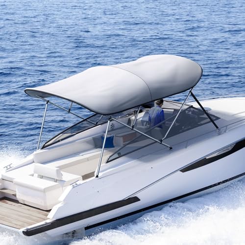 KING BIRD 3-4 Bow Bimini Boat Top Cover Sun Shade Boat Canopy Waterproof 1 Inch Stainless Aluminum Frame 46" Height with Rear Support Poles and Storage Boot 6 Colors -11 Sizes Grey 3 Bow 6'L