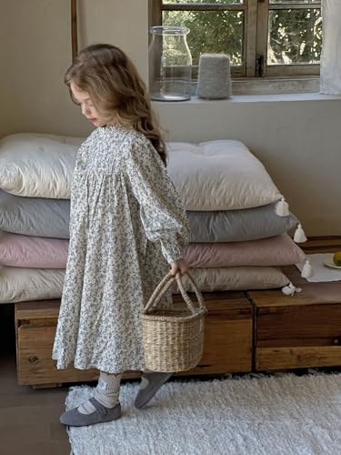 Vintage Floral Cotton Dress, Long Sleeve, High Neck, White and Blue Pattern, with Pleated Details2