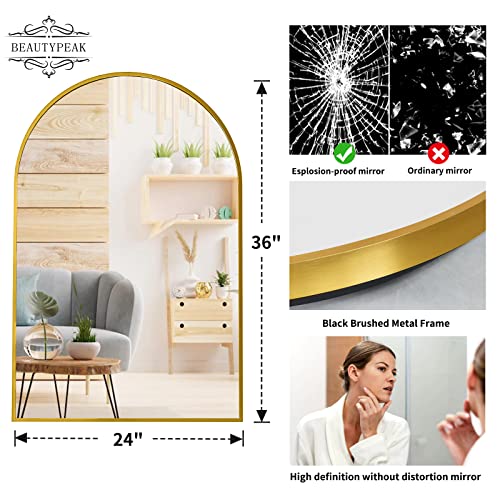 Beautypeak 24"X36" Arch Bathroom Mirror, Wall Mounted Mirror, Gold Vanity Wall Mirror W/Metal Frame For Bedroom, Entryway, Living Room #TOP2