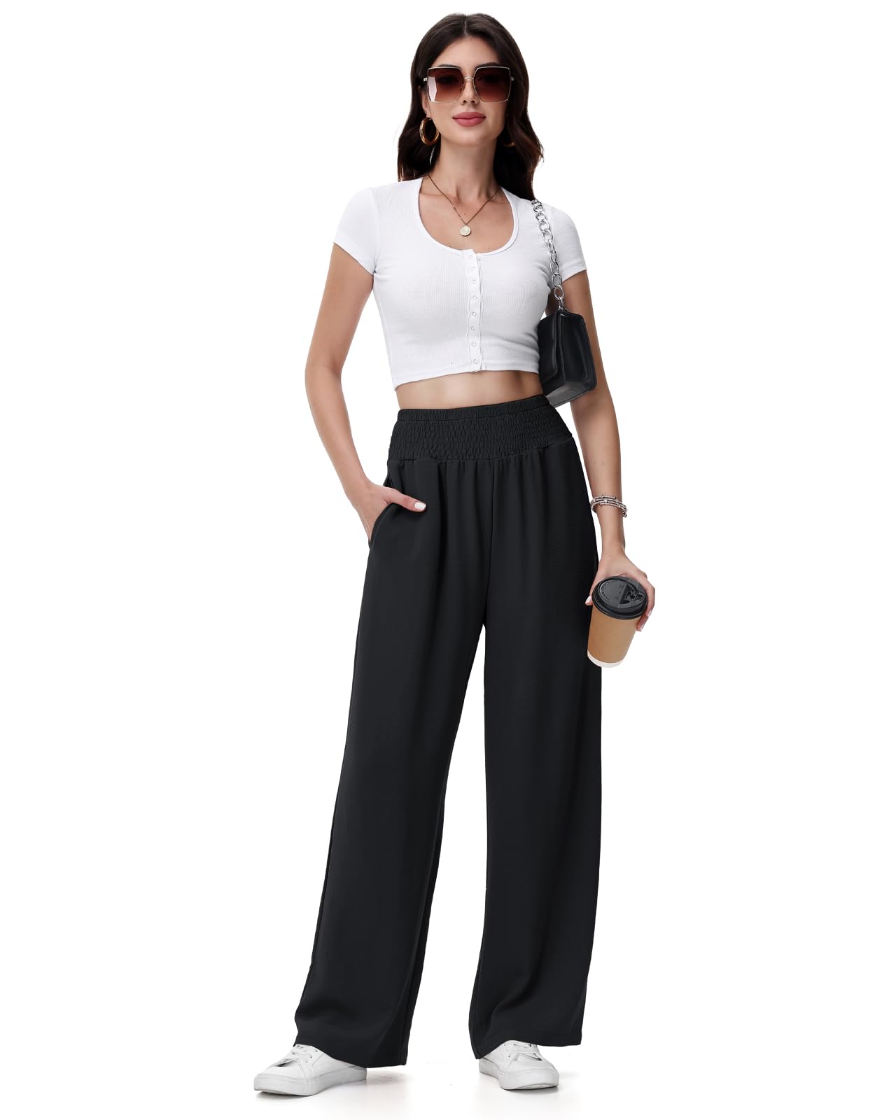 HMIYA Weite Hosen Damen Lässig Leicht Sommerhose Hohe Taille Palazzo Hose mit Taschen