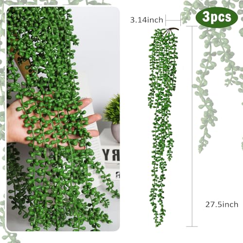 Image of RECUTMS Artificial Succulents Hanging Plants 3pcs Fake Hanging Plants String of Pearls Faux Greenery Wall Plant Spring Summer Indoor Outdoor Home Garden Bookshelf Office Wedding Graduation Party Decor