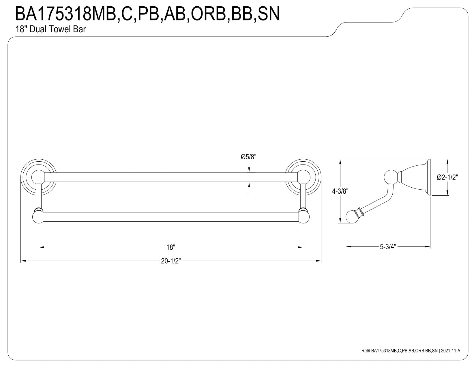 Kingston Brass BA175318ORB Heritage 45,7 cm portasciugamani doppio, olio strofinato bronzo