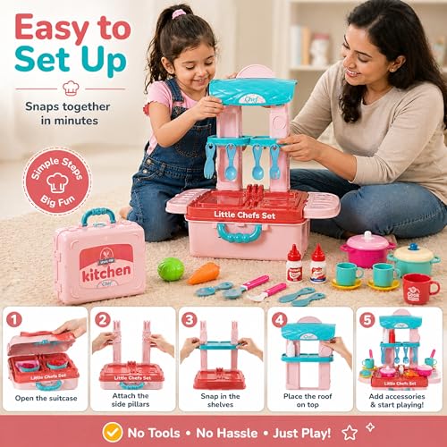 Image of Lifelong Compact Kitchen Play Set for Kids 3-5 Years | Portable Suitcase Toy Kitchen | 28-Piece Pretend Cooking Accessories with Stove, Pots, Pans & Play Food | Plastic Playset for Girls (19*26*10)