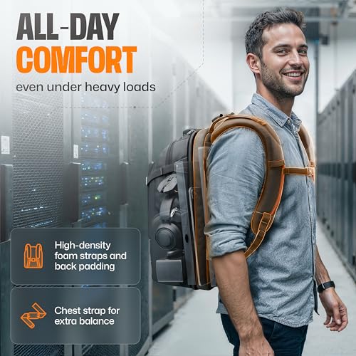Image of EVERKI Business 120 Laptop Backpack with Rain Cover, Black - 40L | 5-point balance strap, file divider, water-repellent exterior, orange interior, fits laptops up to 18.4 inches