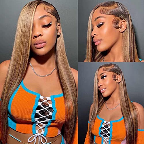 Highlight Colored 13x4 HD Transparent Lace Front Wigs Human Hair Highlight Straight Brazilian Virgin Lace Front Human Hair Wigs 150% Density Pre Plucked With Baby Hairs (20inch, Highlight Color)