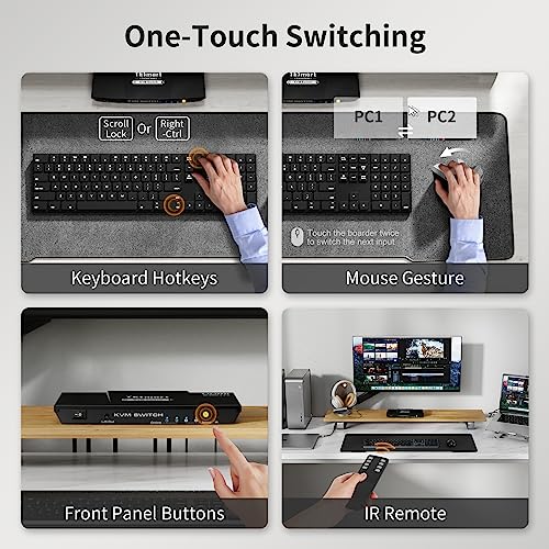 Image of TESmart HDMI KVM Switch 2 Port 4K@60Hz, KVM Switch 1 Monitor 2 Computers EDID Emulators, USB 2.0, L /R Audio, Hotkey Switch, Button Switch with Remote Controller and All Input Cables