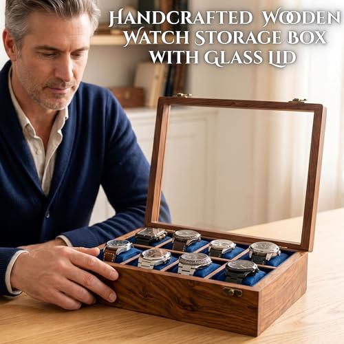 Image of Royal Craft Expertise Mens Watch Box,Watch Display Case,Indian Rosewood Watch Box Case Organizer For Men,Velvet Lining Glass Lid,Solid Gift For Him,Made For Special Occasions|Heavy And Solid Wood