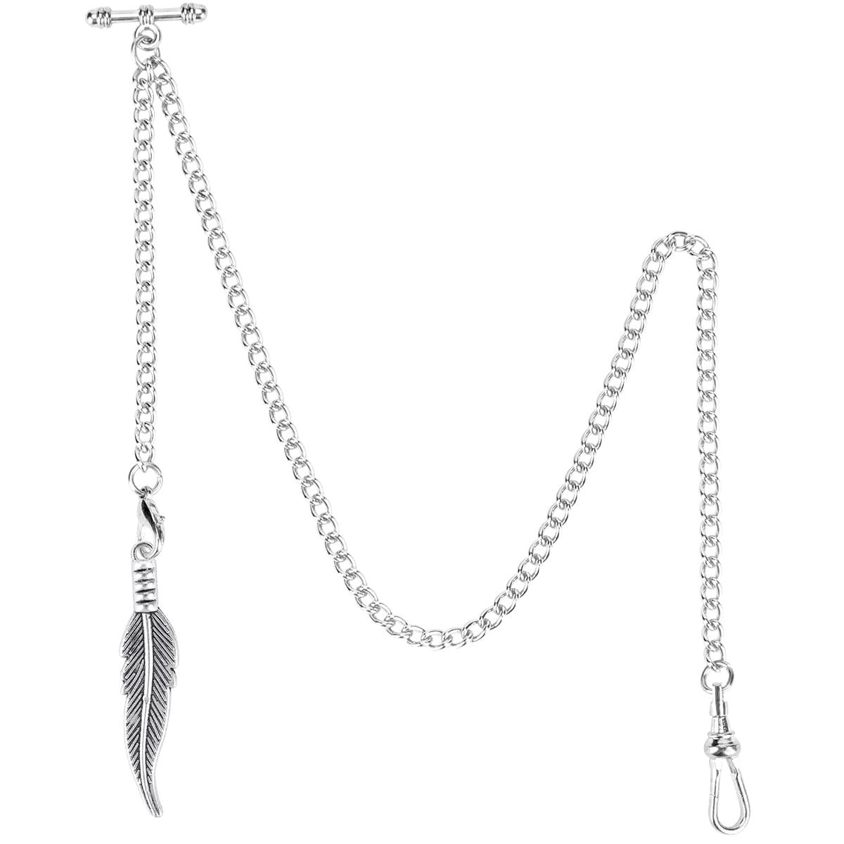 ManChDaPocket Watch Albert Chain Pocket Watch and Chain, T-bar Chain with Feather Pendant, Curb Link Chain 2 Hook Antique Fob T Bar for Men Silver