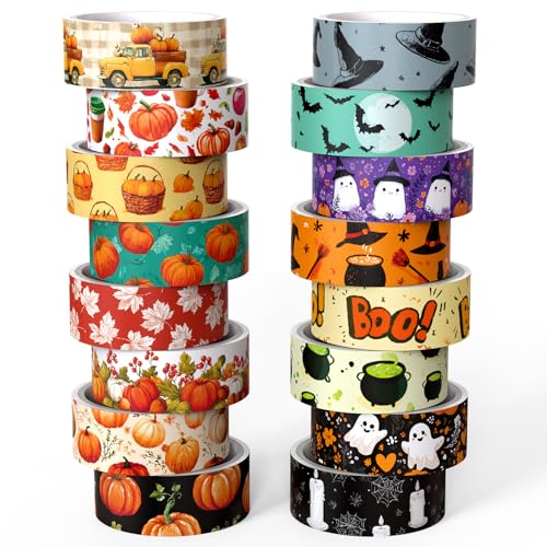 Joysoong Halloween Washi Tape Set 16 Rolls Fall & Spooky Decorative Tape Autumn Washi Tape for Journaling Crafts Pumpkin Decor (0.6 x10 ft) - Autumn Leaves Bats Pumpkins Vintage Horror