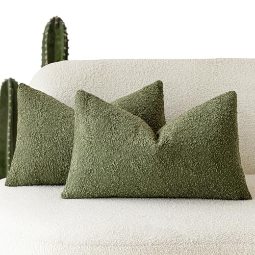 Image of Foindtower Pack of 2 Modern Textured Boucle Throw Pillow Covers Accent Solid Decorative Lumbar Pillow Cases Cozy Couch Cushion Case for Chair Sofa Bedroom Living Room Home Decor, 12 x 20 Inch,Green