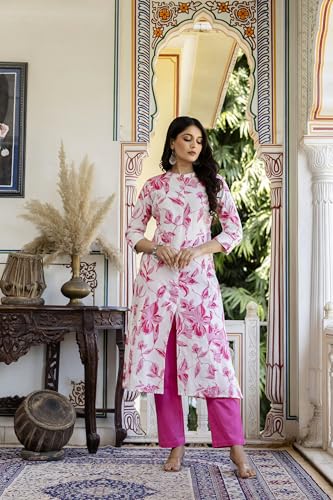 Image of Pistaa's Women Printed Mandarin A-Line Cotton Kurta With Palazzos