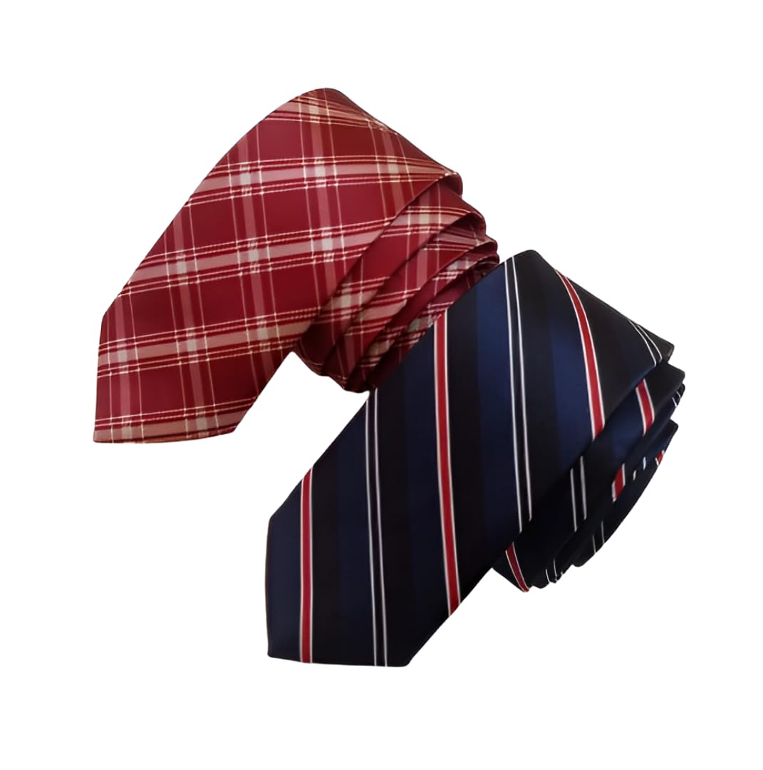 Men's Ties Pack of 2, Slim Skinny,Satin, Checkered, Polka Dots, Stripes, 2.5 Inch Width-image-31