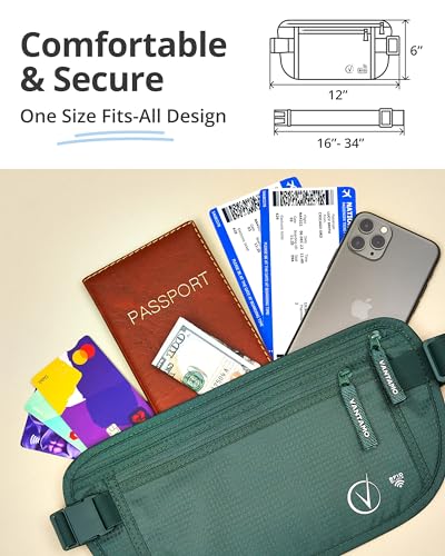 Image of Vantamo Money Belt with RFID For Men & Women, Hidden Passport Holder for Travel, 2 Compartment Travel Fanny Pack for Women Anti Theft