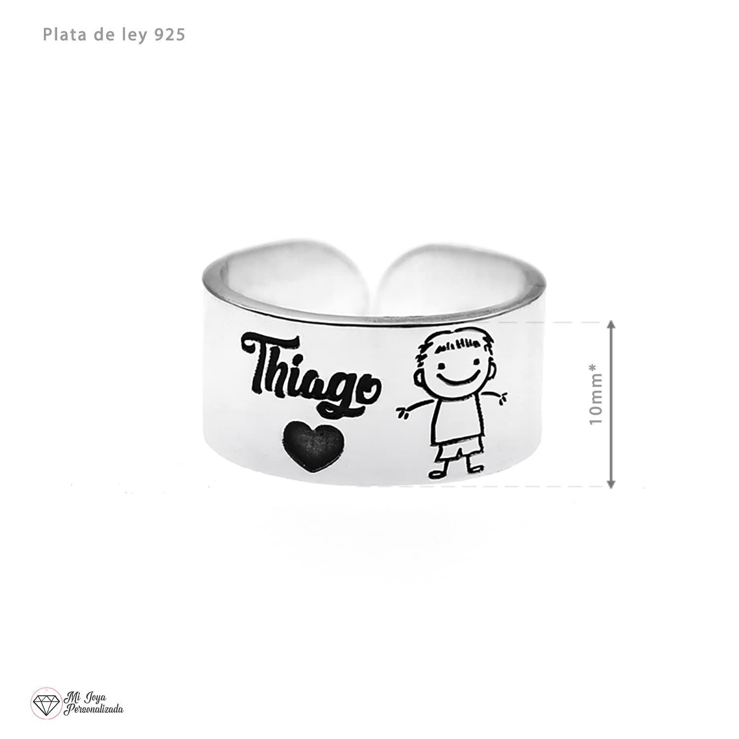 Anillo Personalizado Mujer con Nombre e Imagen de Hijo Nieto Sobrino Plata de Ley para Madre, Amiga, Prima