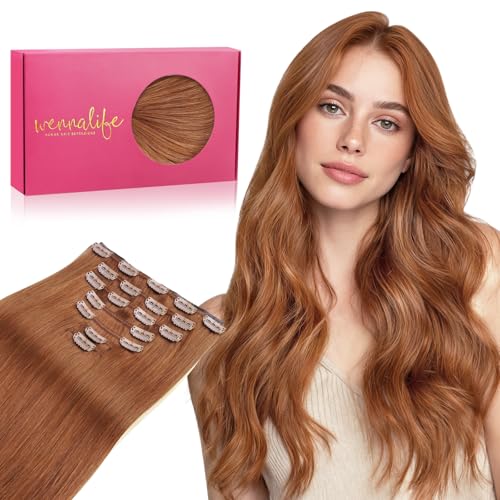 WENNALIFE Clip in Hair Extensions Real Human Hair, 12 Inch 80g 7pcs Remy Hair, Cinnamon Terra Copper Straight Natural Extensiones De Cabello Humano Con Clip Ins