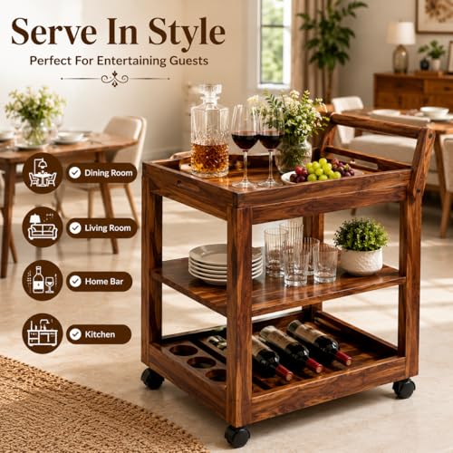 Image of Solid Wood 3-Tier Rolling Bar Cart | Mobile Kitchen Island & Serving Trolley with Removable Top Tray & Integrated Bottle Holder Wine Serving Trolley| Brown Finish
