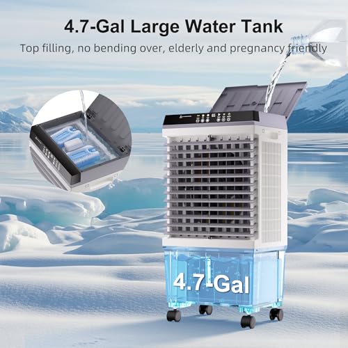 Image of AKIRES 1500CFM Swamp Cooler,Evaporative Air Cooler with 4.7 Gal Water Tank,6 Ice Packs,Evaporative Cooler with 12H Timer,120Oscillation, Windowless Portable Air Conditioners for Indoor,Outdoor