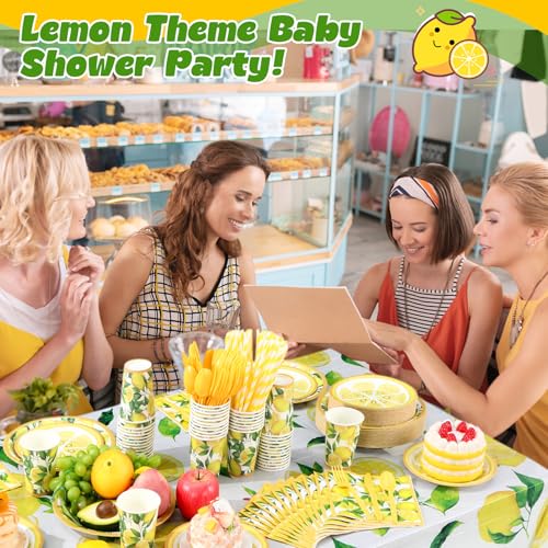 Image of Funnymoom 452 Pcs Lemon Party Decorations, Yellow Lemons Paper Plates Napkins Cups Tablecloth Cutlery Straws for Summer Fruit Theme Birthday Wedding Baby Shower Party Supplies, Serves 50