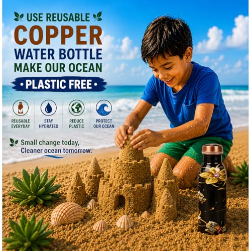 Image of Pure Copper Water Bottle - Handcrafted - Ayurveda health benefits -Small 450 ml - Leak proof - Easy to carry for Sports, Fitness, Yoga, School - Textured Black Base Floral Colorful Enamel.