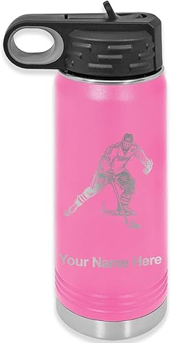 Miniatura 1 de LaserGram Botella de agua de doble pared con tapa abatible de 20 onzas con pajilla, jugador de hockey, grabado personalizado incluido (rosa)