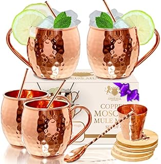 Moscow Mule Copper Mugs 100% Pure Copper, Premium Quality Set Of 4 Copper Mugs 16 Oz Solid Copper cups+JIGGER+STRAWS+COASTERS+SPOON -HANDCRAFTED- Food Safe- Gift Set