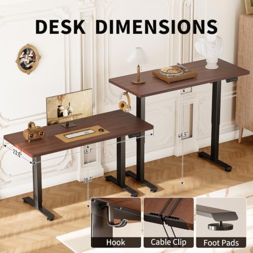 Image of Veken 47.2 Inch Large Electric Standing Desk, Gaming Table, Walnut | Height Adjustable Sit Stand Up Computer Tables for Home Office, Study , Writing, Suit students, employees and group work