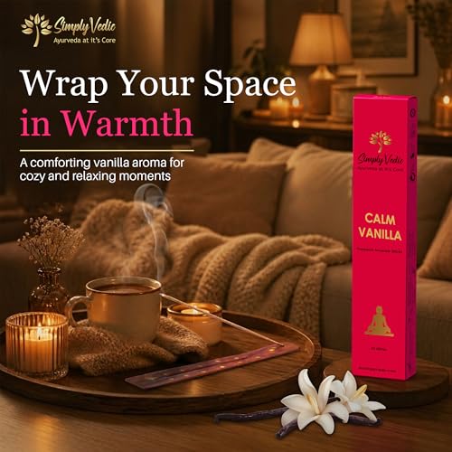 Image of Simply Vedic Luxe Vanilla Incense Sticks (50 Sticks) Hand Rolled Masala Agarbatti with Holder | Natural Long Lasting Fragrance for Relaxation Home Fragrance Meditation Comfort Aroma Low Smoke