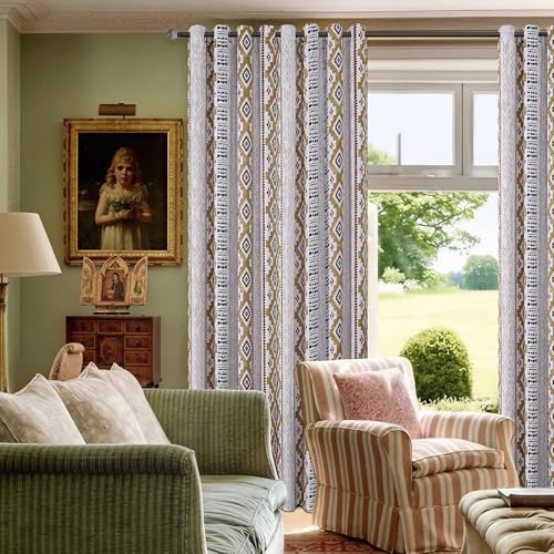 Image of XiDi 100% Blackout Curtains for Bedroom 84 Inches Long 2 Panels Farmhouse Vintage Tan Geometric Patterned Brown Blackout Curtains for Living Room Thermal Insulated Grommet Window Boho Drapes, 52x84