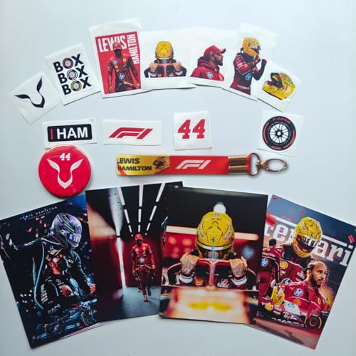 Image of TenorArts Lewis Hamilton F1 Gift Box Merchandise for Fans - 5x7 Inches Laminated Photo Frame,1 Keychain, 1 Badge, 4 4x6 inches Posters, 10 Multi sized F1 Stickers - 5 items in 1 Box | Perfect for Gifting F1 Fans