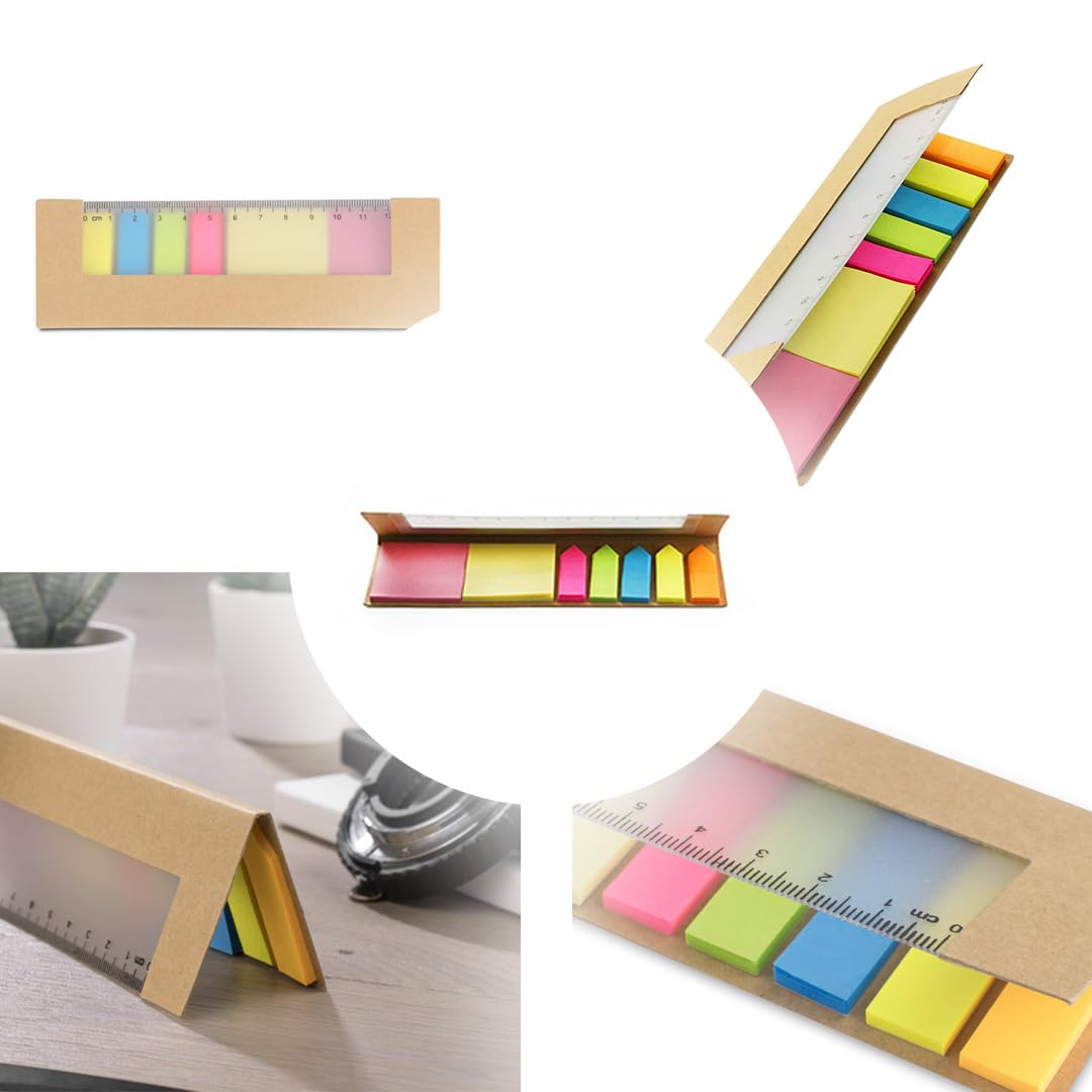 100x Haftnotizen-Set in Kartonhülle mit integriertem Lineal aus Kunststoff Rico | 5x25 Haftstreifen in Pfeilform und 2x25 Klebezettel groß | mehrfarbig | selbstklebend, beschreibbar | Sticky Notes