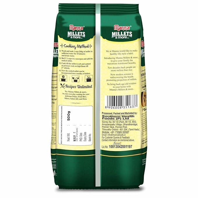 Image of Manna Foxtail Millet 1kg unpolished Natural Grains Kaon /Kang /Kangni /Kakum /Navani /korralu /Korra /Thinai Native Low GI Millet Rice High Protein & More Fibre than white rice 500g (Pack of 6)