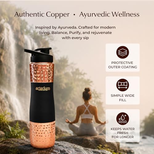 Image of Artarium Sipper Bottle 100% Pure Lightweight Copper Water Bottle Leak Proof Protection Durable & Rust Proof Hammered Copper Bottle With Added Health Benefits (Sipper Water Bottle Black 1 Litre)