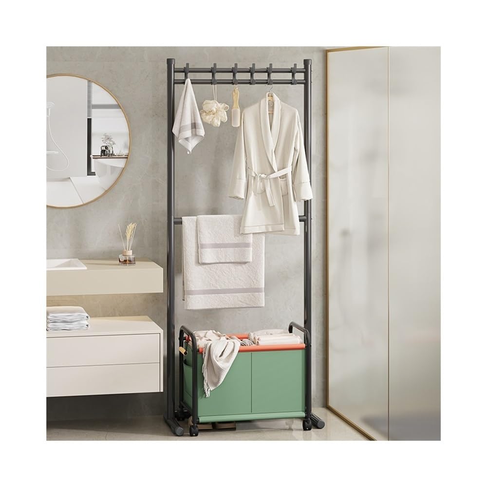 towel rail Double-layer Towel Rack Floor-standing Bathroom Storage Simple Punch-free with Dirty Clothes Basket(Black)