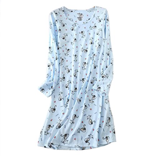 Women's Cotton Sleepwear Long Sleeves Nightgown Print Tee Sleep Dress (X-Large, Kitty)