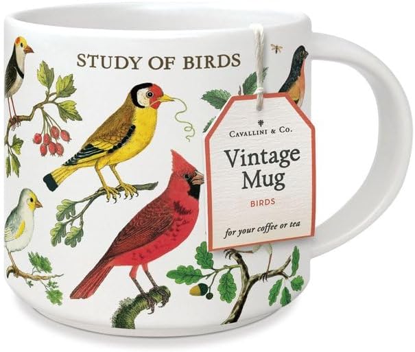 CAVANILLI & CO. Vintage Bird Design Mug, 14oz, Dishwasher and Microwave Safe, Decorative Gift Box Included
