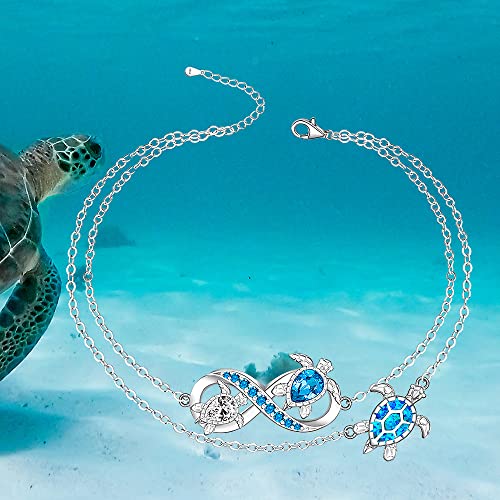 Image of Fenthring Turtle Anklet S925 Sterling Silver Blue Opal Sea Turtle Ankle Bracelets for Women Infinity Wave Ocean Beach Summer Foot Bracelet Jewelry Layered Adjustable