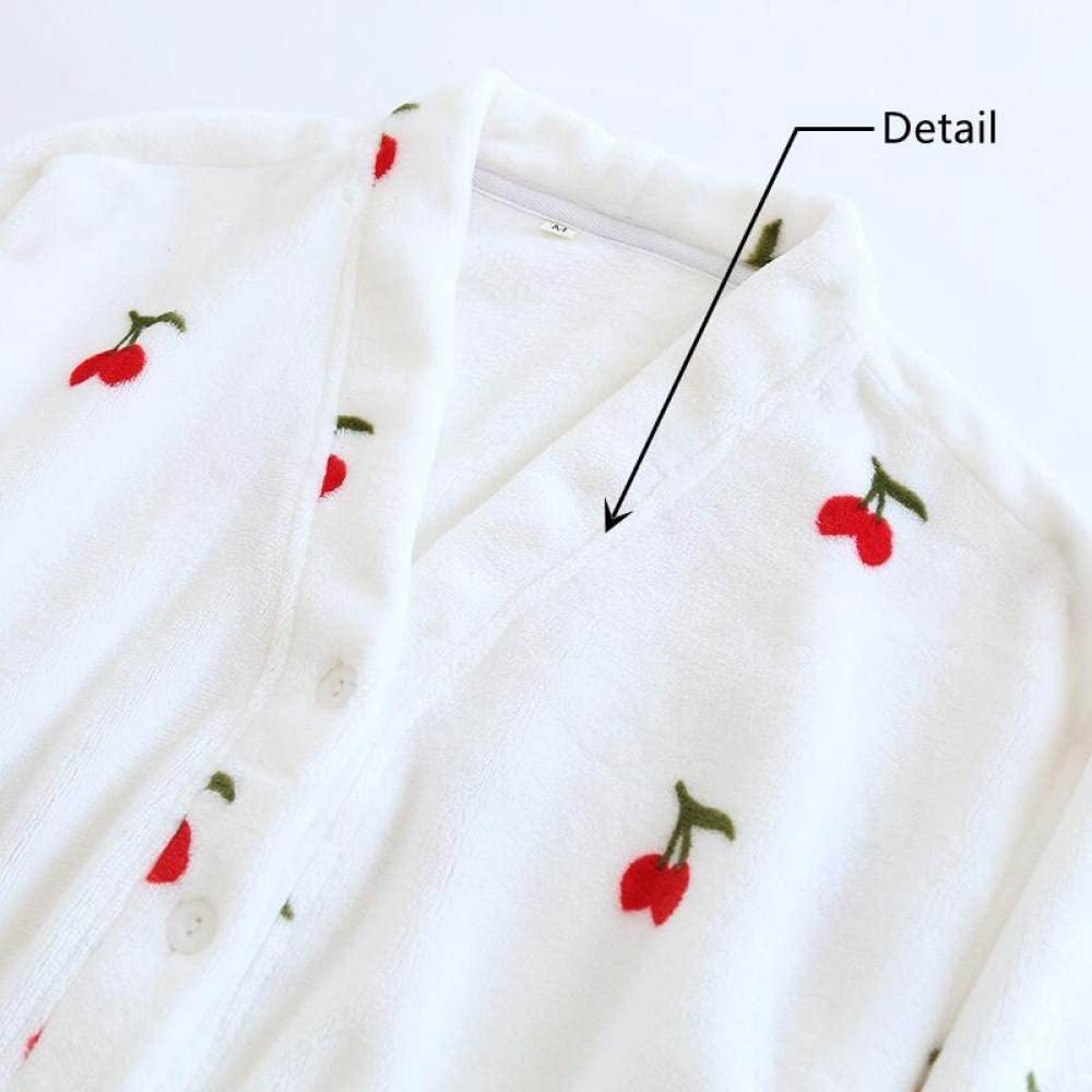 Pyjama Hiver Femme,Pyjama en Molleton Doux pour Femme Motif Cerise Beige Home Wear Lâche Vêtements De Nuit À Manches Longues Ensembles De Vêtements De Nuit Ensemble De Pyjama 2 Pièces pour Femm