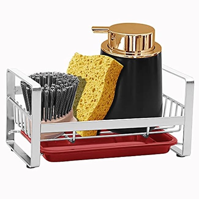 2 Pack Kitchen Sponge Holder - Kitchen Sink Organizer - Sink Caddy - Sink Tray - Soap Holder - Stainless Steel,Silver+Red 2PCS