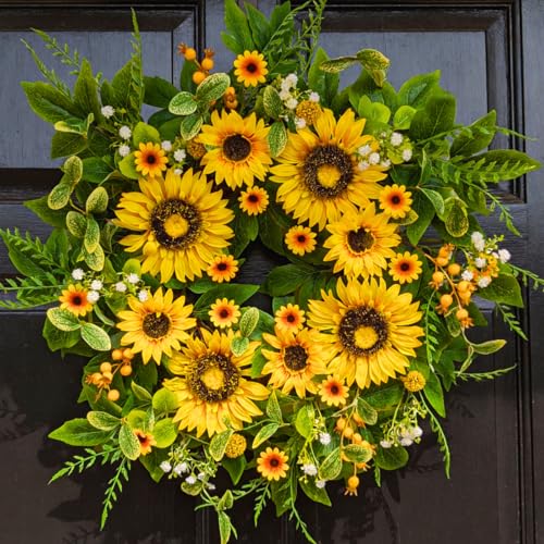 Sunflower Wreath for Front Door 24 Inch Spring & Summer Wreath with Lifelike Sunflowers Handmade Outdoor Wreath for Front Door Spring Home Decor