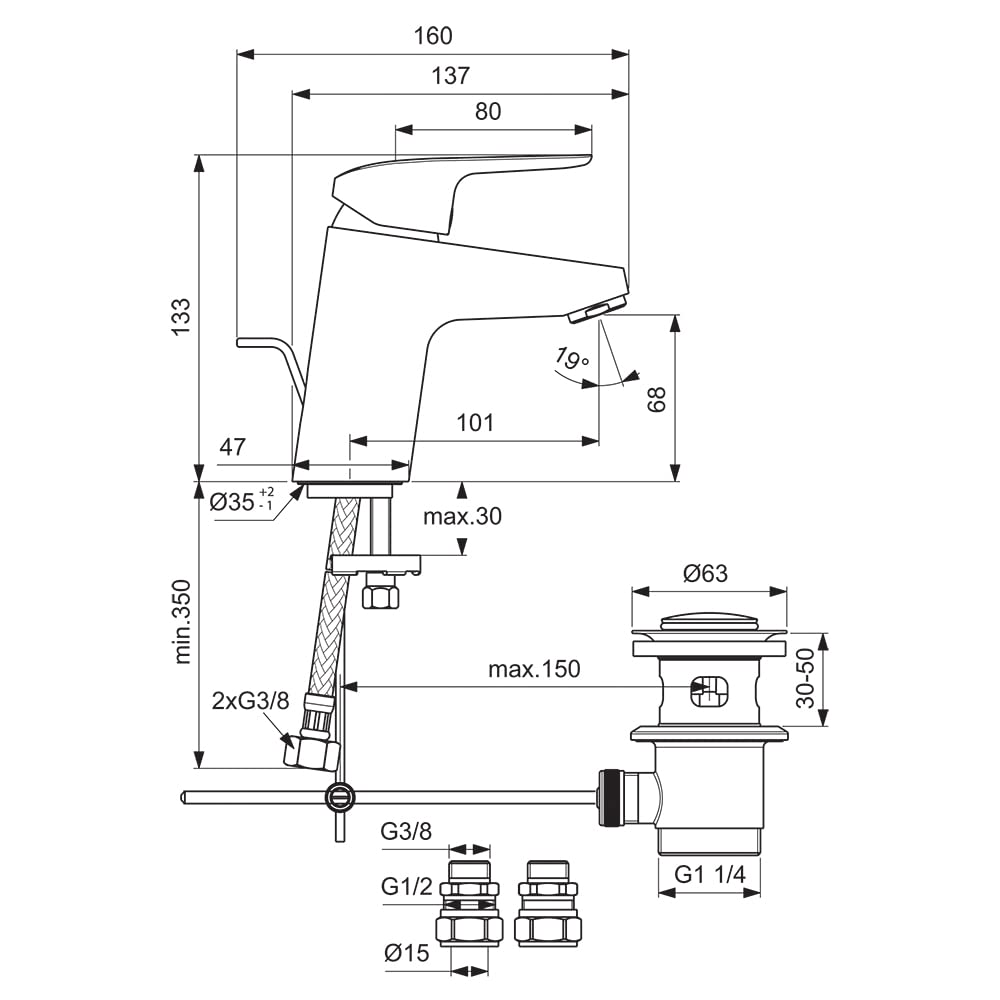 Ideal Standard - Ceraflex, Miscelatore monocomando per lavabo, Bocca di erogazione fissa, Cromato