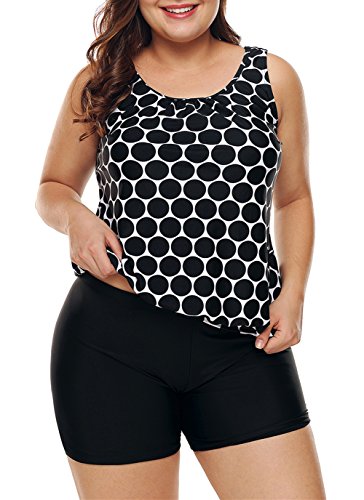 EVALESS Women's Summer Fashion Polka Dot Tankini Set Two Pieces Swimsuit with Boyshort Padded High Waisted Swimsuit Large Black