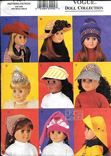 VogueSewing Pattern 751 Doll Collection of Hats Stocking Visor Cowboy hat Girl Bonnet Sun hat Tiara Scarf rain hat American