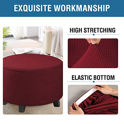 Image of H.VERSAILTEX Ottoman Cover Stretch Ottoman Slipcover Round Ottoman Storage Cover Folding Stool Covers Furniture Protector Cover for Footrest Ottoman Fit Dia 30 inch - 41 inch, Burgundy Red